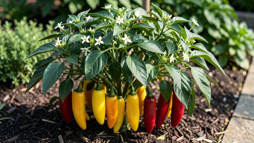 Full-Grown Banana Pepper Plant: Pole-Trained Abundance in Compact Spaces